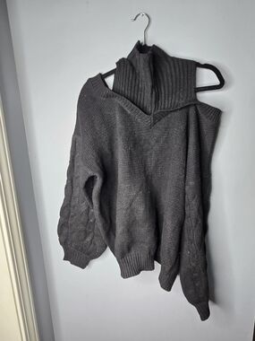 CHICME Black Cold Shoulder Cable Knit Turtleneck Sweater 100% Cotton